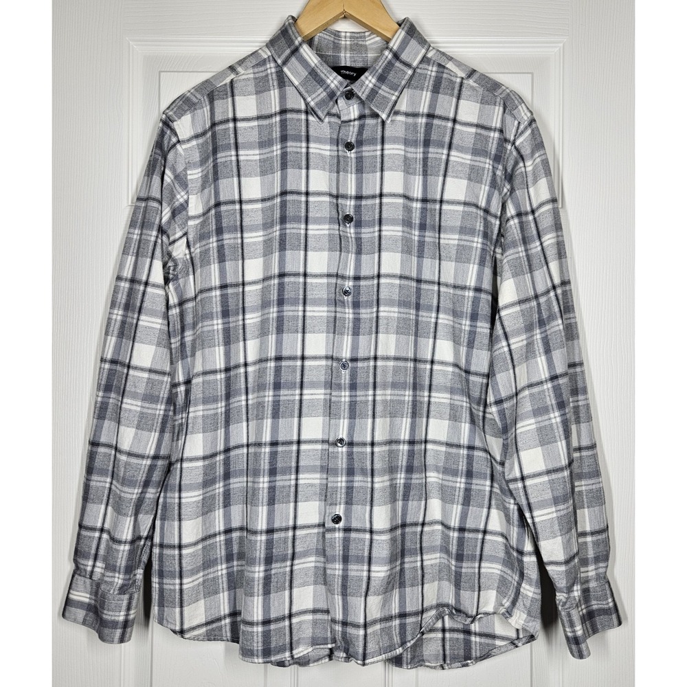 Theory Mens Irving Long Sleeve Plaid Button Up Shirt XL Gray White 100% Cotton